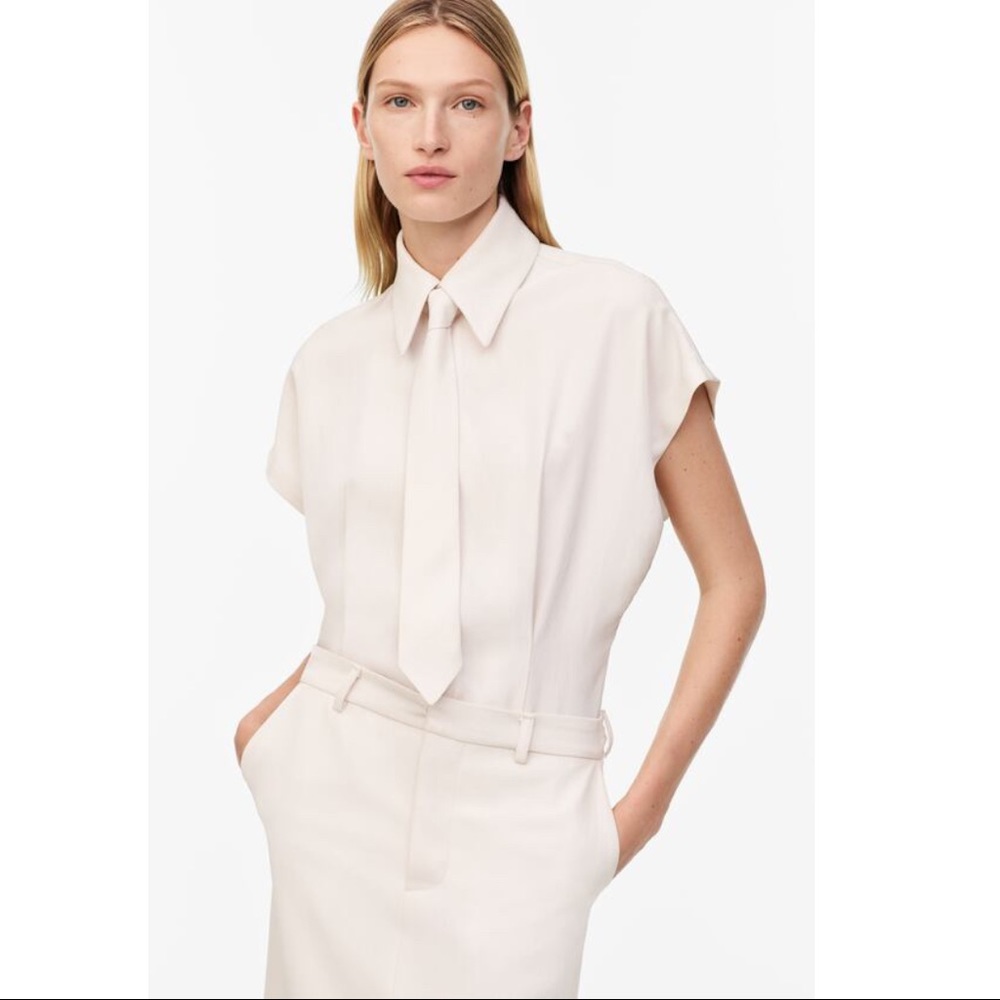 ZARA Limited Edition Tailored Layered Ecru Cream Corporate Midi Shirt Dress Tie - Picture 2 of 16